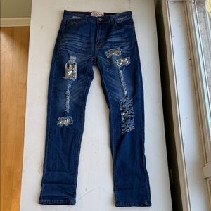 L&B Distressed Sequined Patchwork Dark Wash Jeans